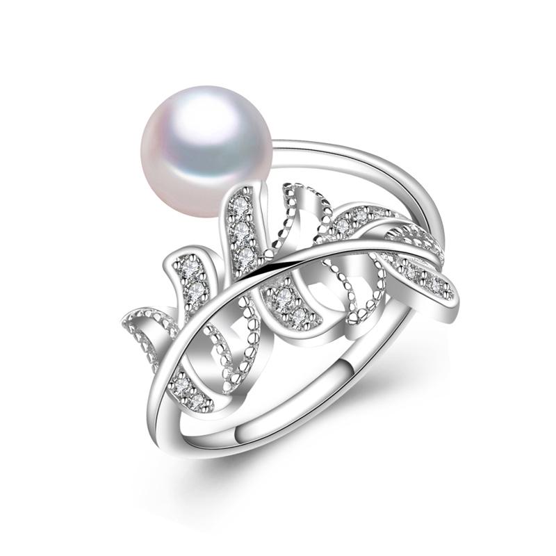 LSOOYH Blatt-natürliche Süßwasserperlen-Ringe für Frauen, zierlicher Bohemia-Zirkonia-verstellbarer Ring