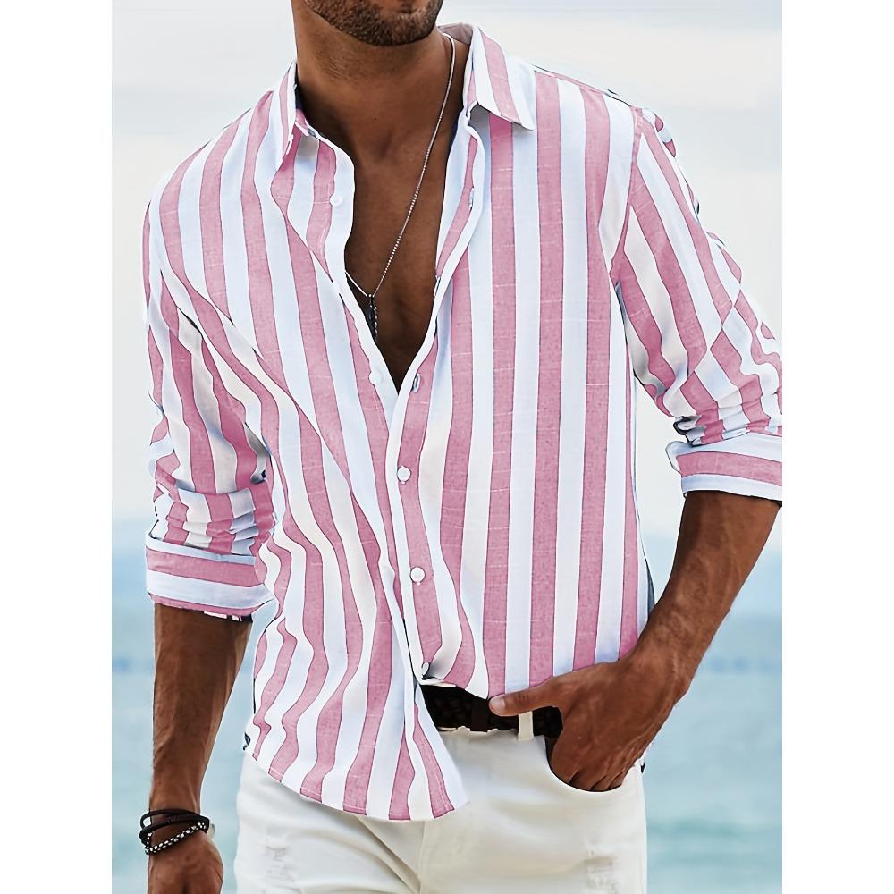 Men s Spring and Autumn Casual Striped Lapel Long Sleeved Shirt S