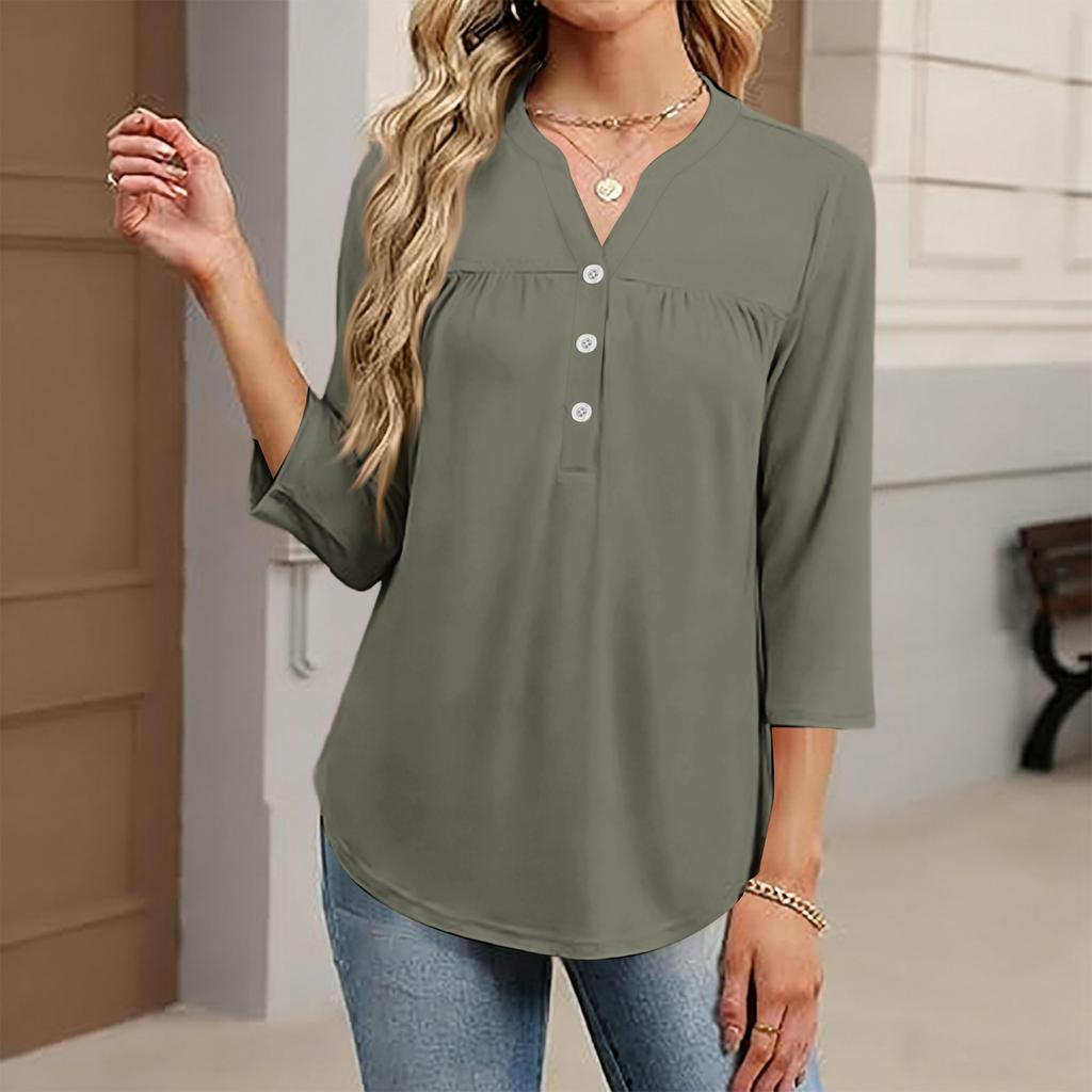 Women's Fashionable Casual Color V-Neck Decorative Button Three-Quarter Sleeve T-Shirt Top