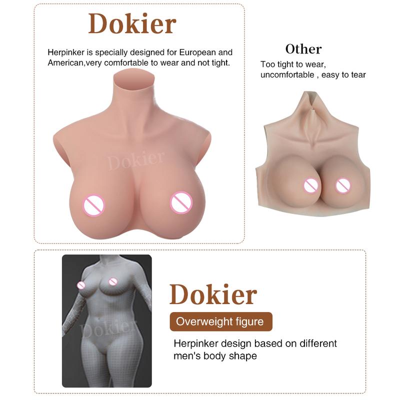Dokier H R S Cup Oversize plus Realistic Silicone Breast Forms Fake Boobs Breast Plates[Round neck silicone filled boobs