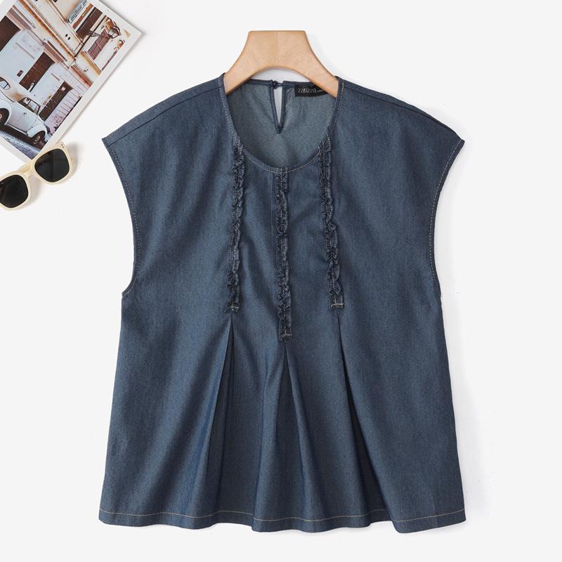 

ZANZEA Жіноча повсякденна блузка з круглим вирізом і короткими рукавами S темно-синього кольору