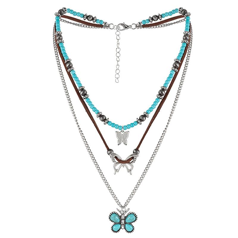 

Summer Bead Multilayer Turquoise Necklace Ethnic Style Cactus Beach Choker Pendant Retro Western Country Necklace Gift A6