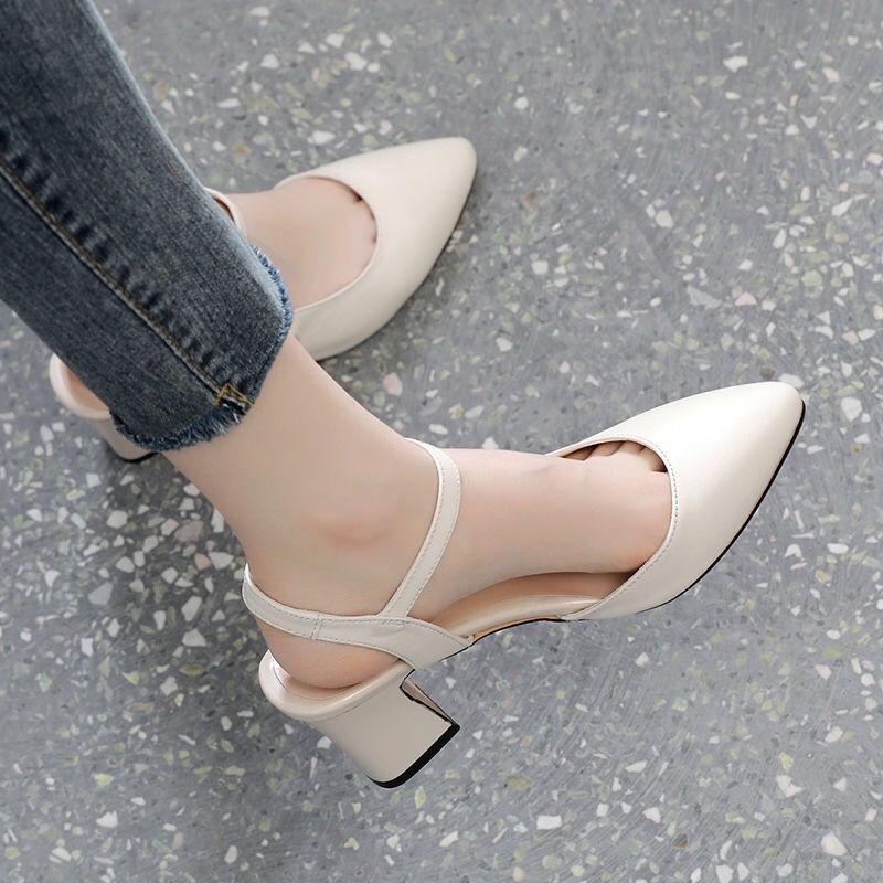 Sandály s ostrým špičkou pro ženy Jarní Korejské Silný podpatek Pásek s jednou přezkou Ležérní Jednoduché boty