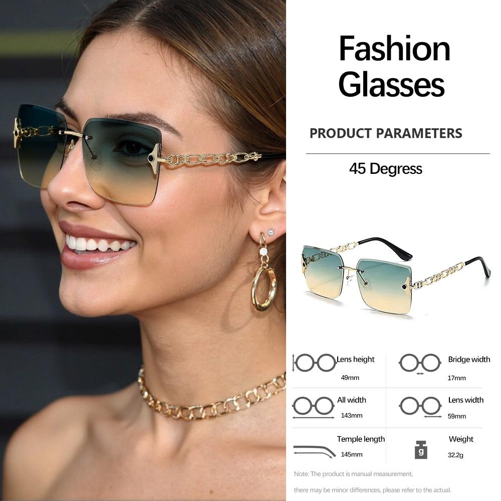 Frameless Chain Decor Square Sunglasses Women Light Transparent Design Daily Commuting Fashion Accessories