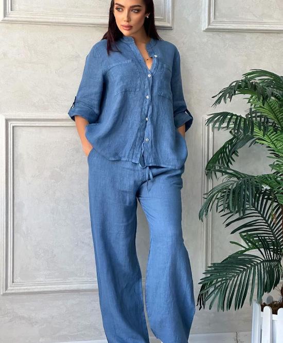 2024 Damen Einfarbig Einreihig Langarmhemd & Weitbein Hosen mit Bindegürtel Set