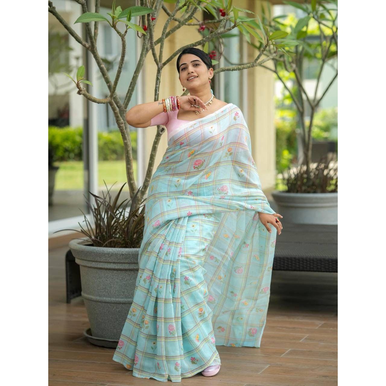 Exclusive Designer Linen Cotton Digital Print Saree – Premium Rich Pallu Heavy Border Edition