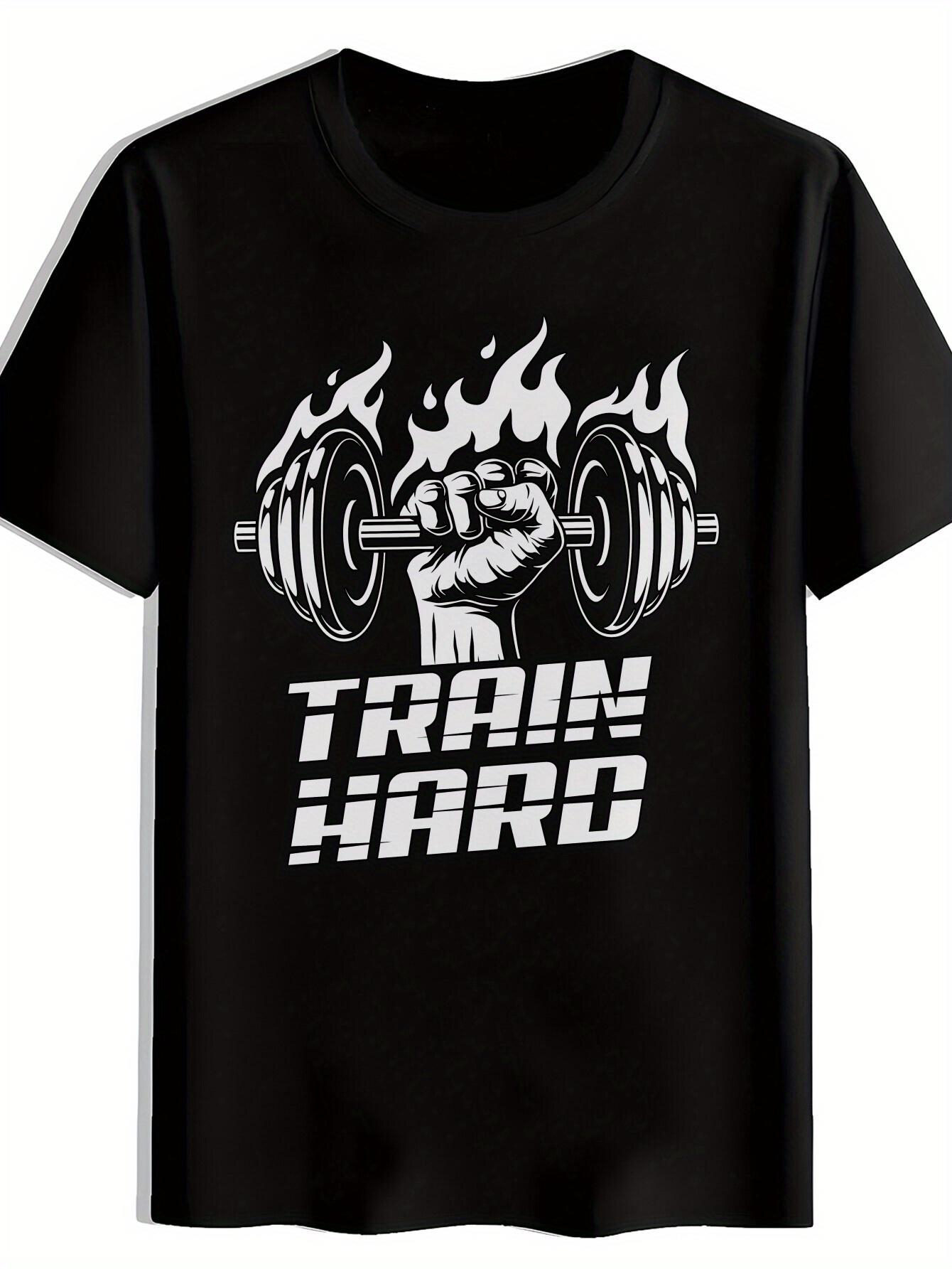Fitness Motivation T-shirt - TRAIN HARD Gym Tee with Weightlifting Flames Design - Black Shirt for Workout L