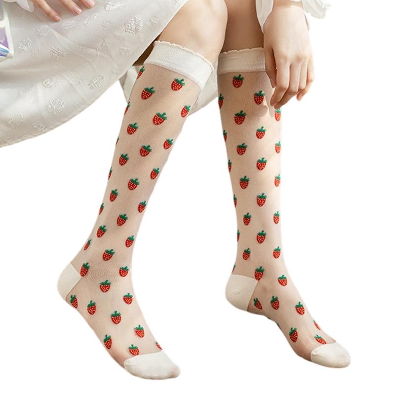 Crystal Glass Silk See Through Long Socks for Women Elegant Sweet Strawberry Pattern Ultrathin Knee Highs Stockings