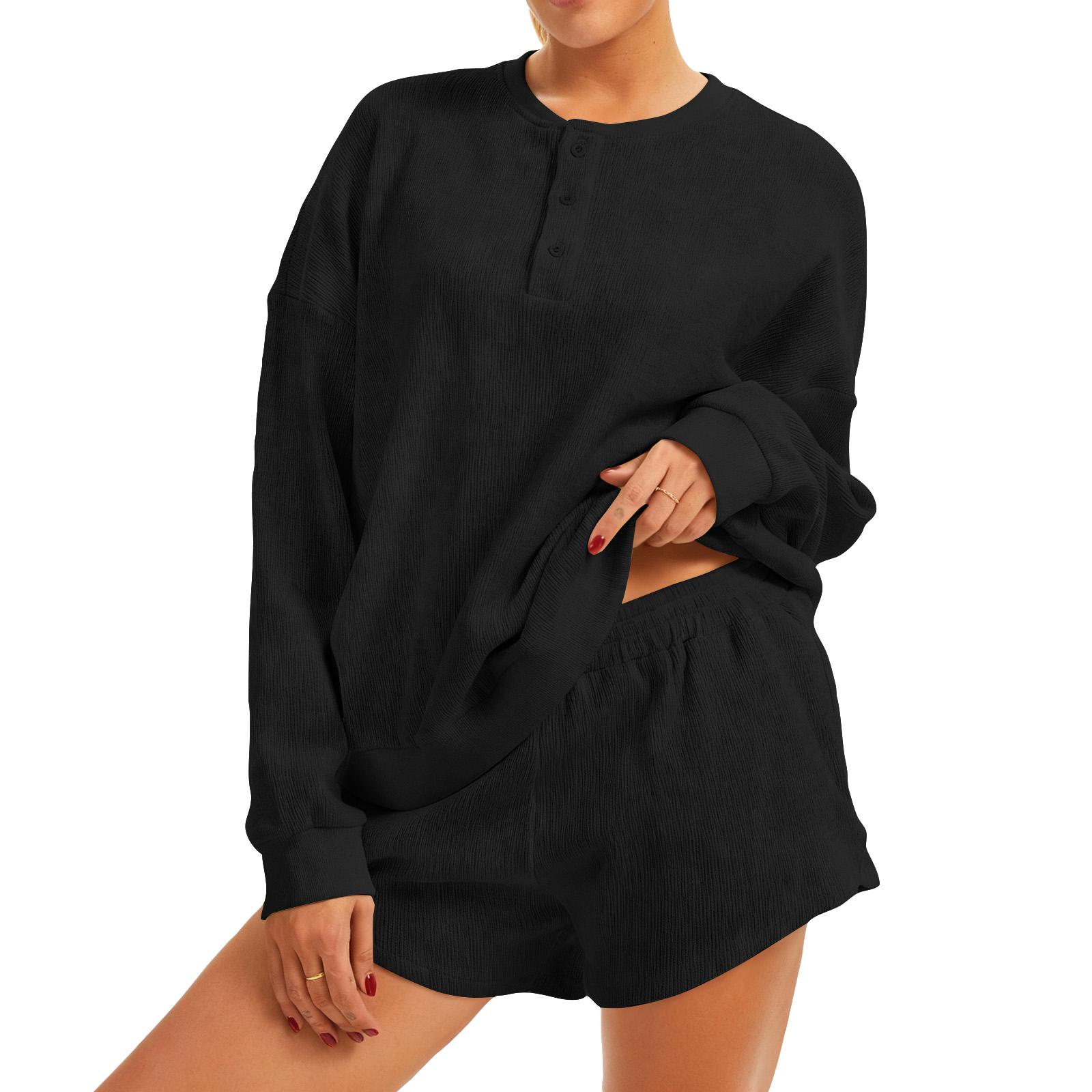

Women s Oversized Knit Set Long Sleeve Sweatshirt And High Waisted Shorts 2 Piece Casual Outfit L чёрный