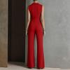 Women's Sleeveless Wide Leg Jumpsuit with Lapel Collar and Front Zipper Pockets