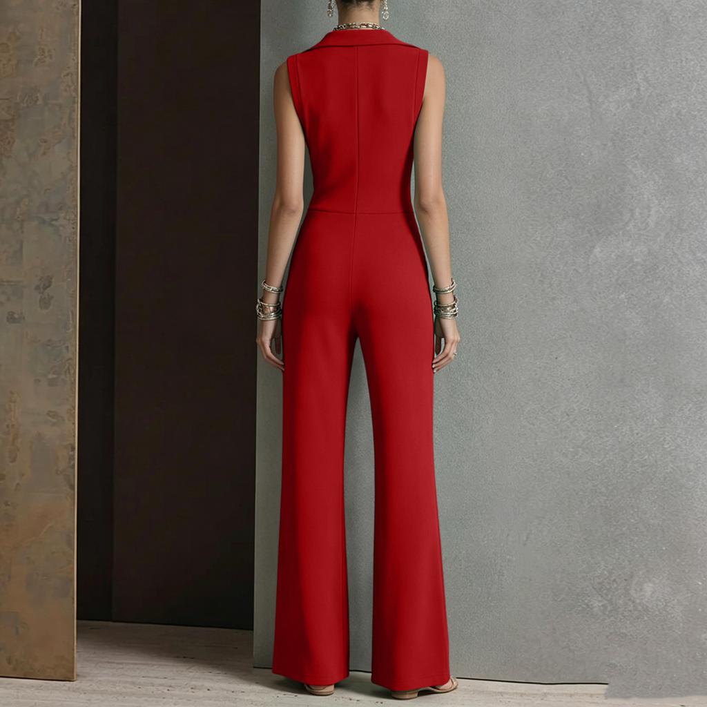 Women's Sleeveless Wide Leg Jumpsuit with Lapel Collar and Front Zipper Pockets
