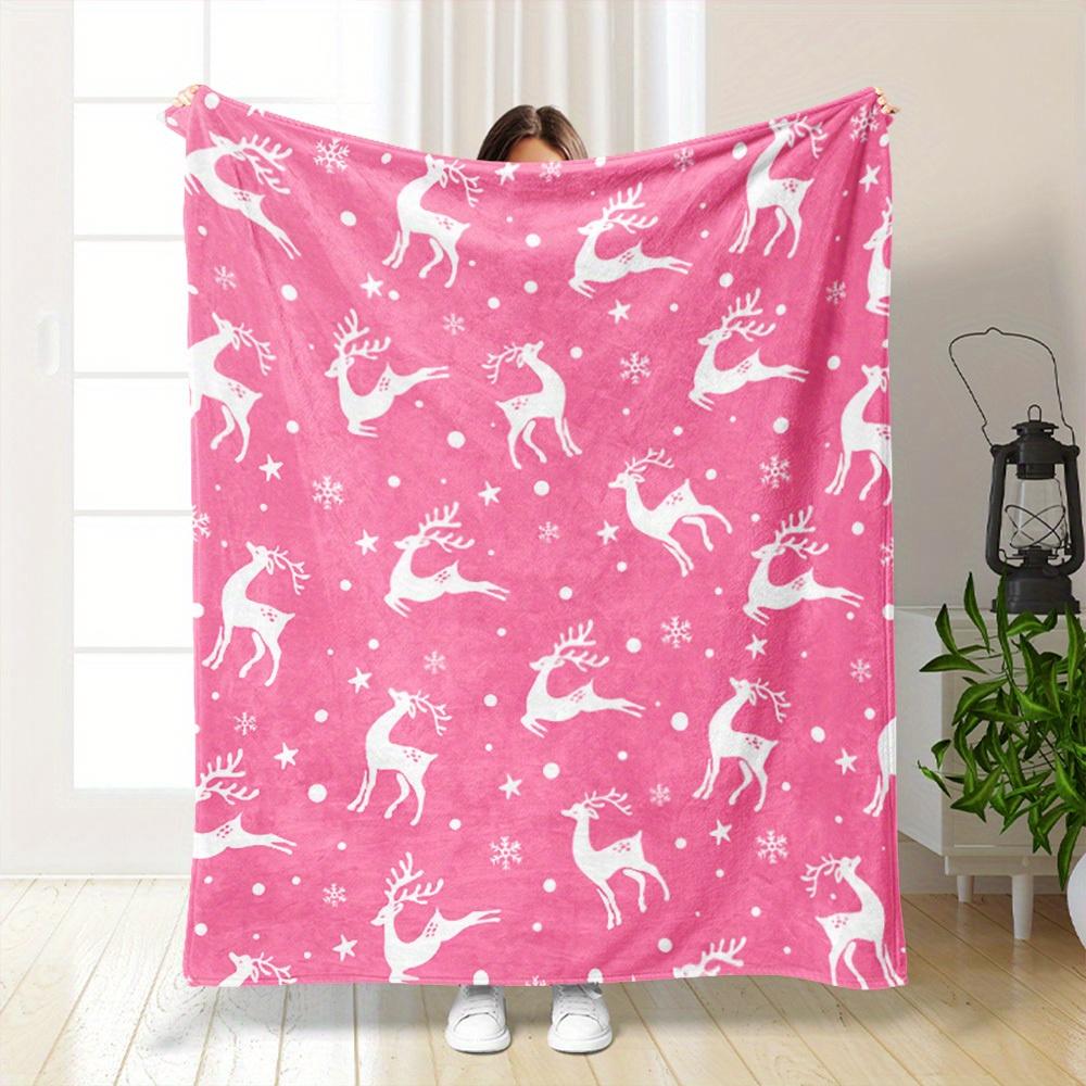 1pc Multi-Seasonal Polyester Sofa Blanket with Digital Print, Pink Reindeer And Snowflakes Design - Soft, Warm, Lightweight, Ideal for Camping, Office