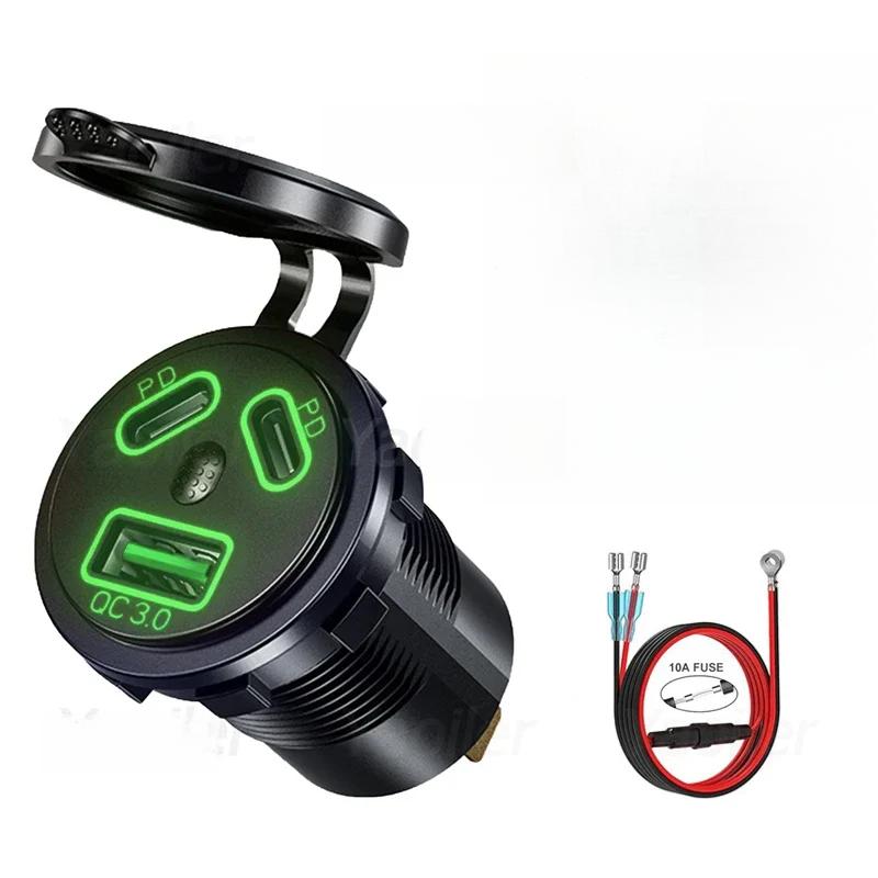 

108 Вт 12 В USB-розетка для быстрой зарядки 3.0 USB-разъем для зарядного устройства и два порта PD с переключателем вольтметра для автомобиля, лодки, морского автофургона, квадроцикла With 60cm Cable зелёный