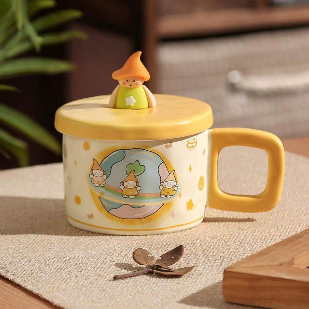 Cute Cartoon Star Cup High Value Ceramic Mug Large Capacity Couple Water Cup with Lid Coffee Cup Gift