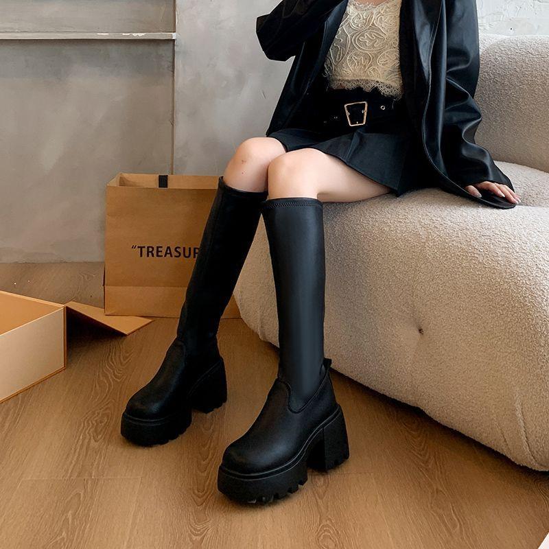 Thick-soled Heightening Boots Women's 2025 New Early Autumn Black Knight Boots Small Man But Knee-high Boots