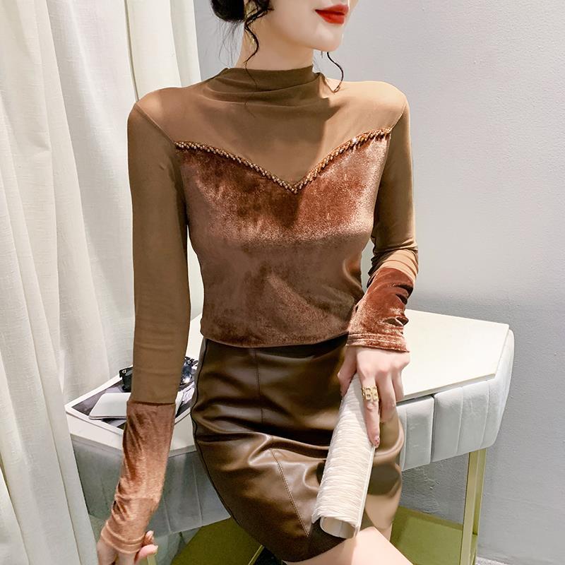 

Осенняя приталенная футболка с бисерной лоскутной отделкой, полувысоким воротником и длинными рукавами для женщин 3XL хаки