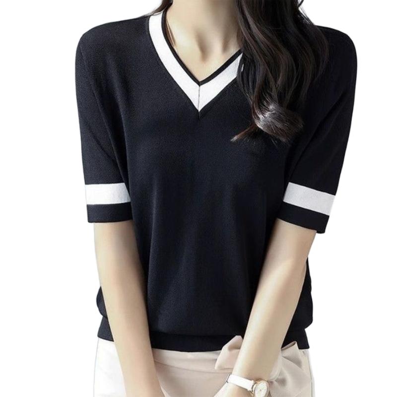 Women's Korean-Style Slimming Versatile Fashion Knitted Top Loose Color-Block V-Neck Solid Color Short-Sleeve T-Shirt