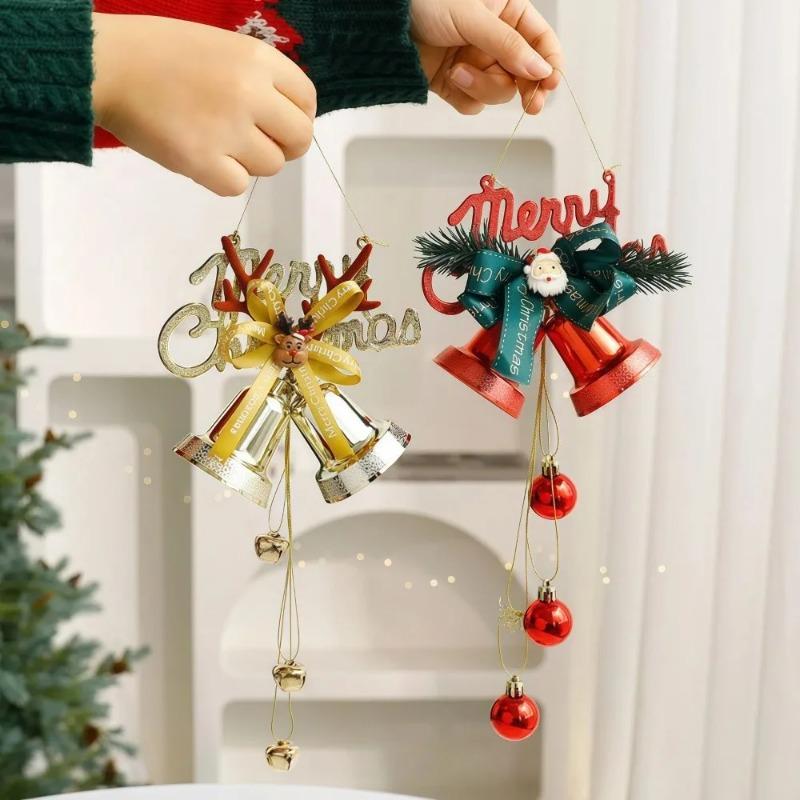 2Pcs Red Santa Claus Christmas Bell Ornaments Nordic Style Golden Reindeer Xmas Hanging Scene Setting DIY Christmas Tree Decor