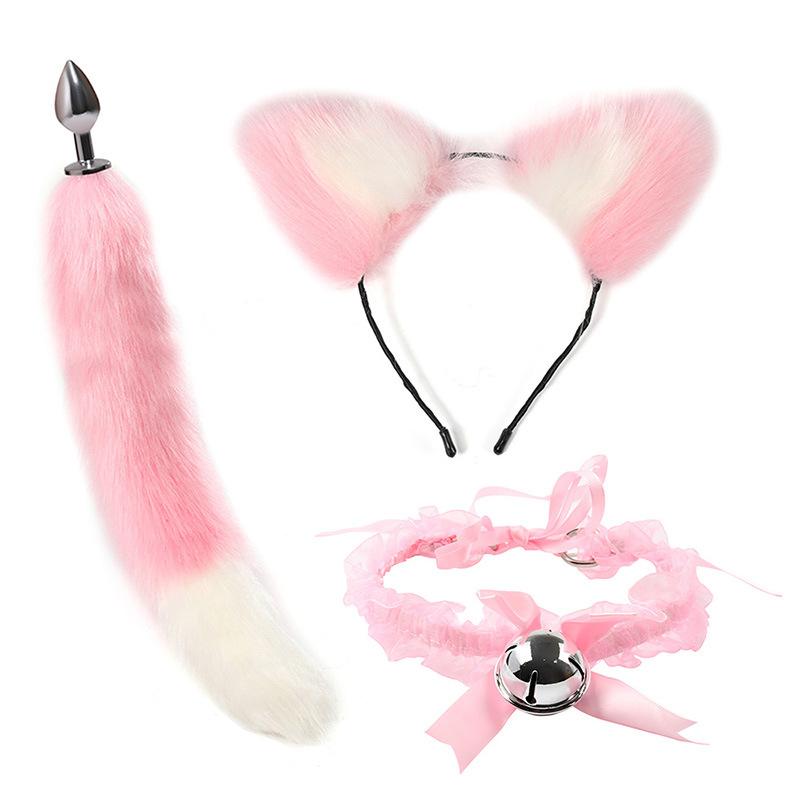 VaHppy SM Sex Toy Sets role-playing Fox 5pcs/lot Plush Anal Plug Tail Bell Collar Mouth Plugs White/Black/Pink Couple games