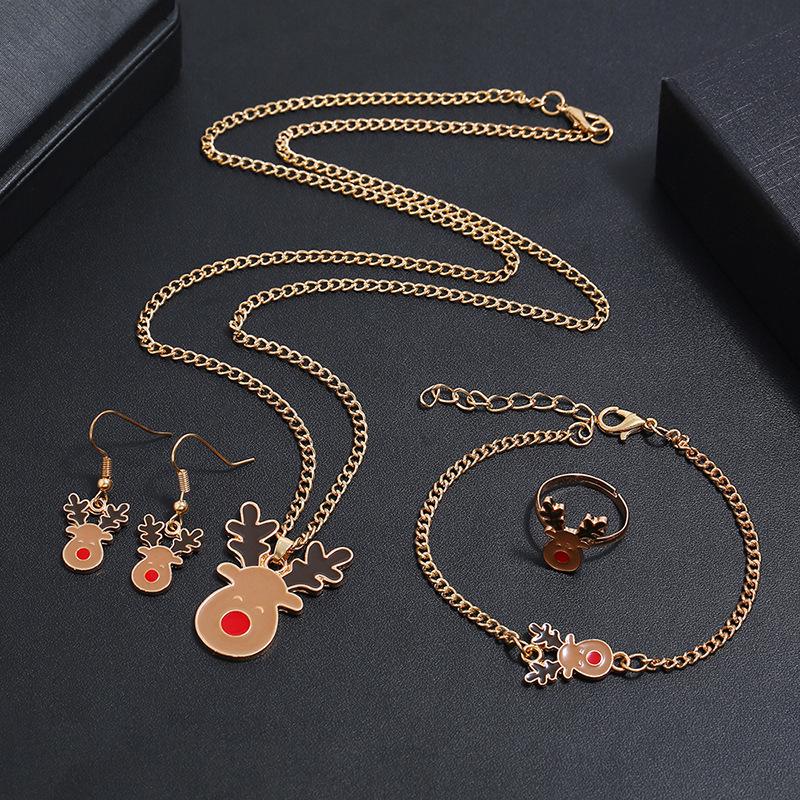 Christmas Cute Santa Necklace, Ring, Earrings & Bracelet Set - European & American Style