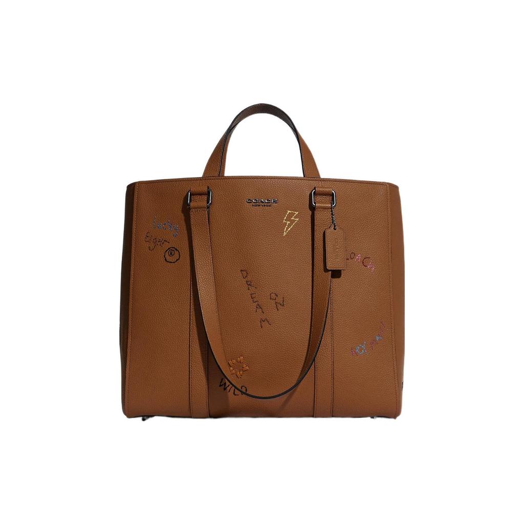 Coach Hudson 35 Collaboration Pebble Grain Embroidered Diary Tote Leather Bag Women Tote Brown C8158-QBQUN