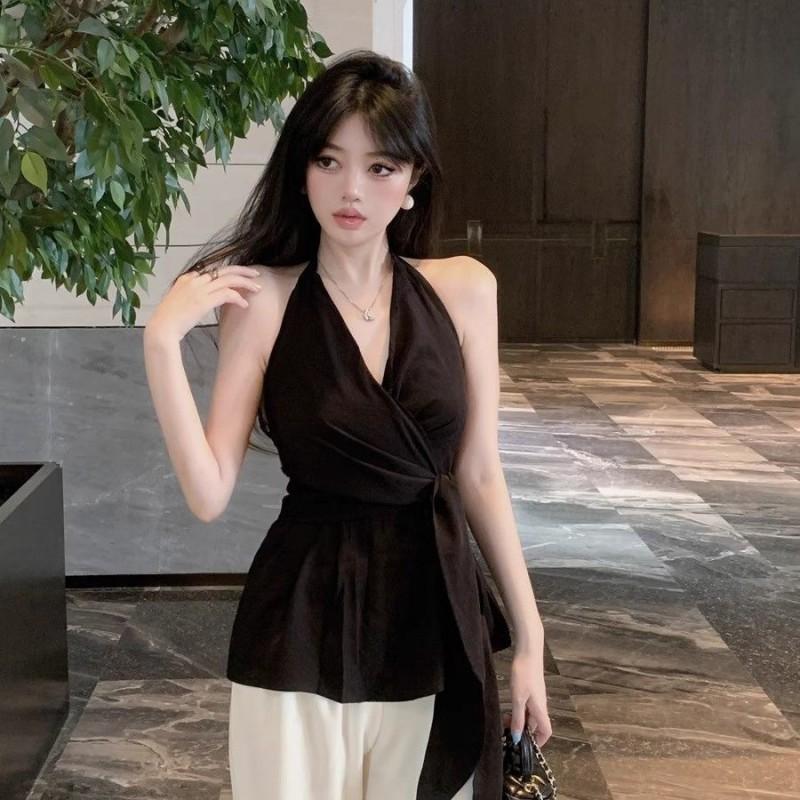 Womens Black Backless Halter Sleeveless Shirt Chic Slim Fit Tie Waist Blouse