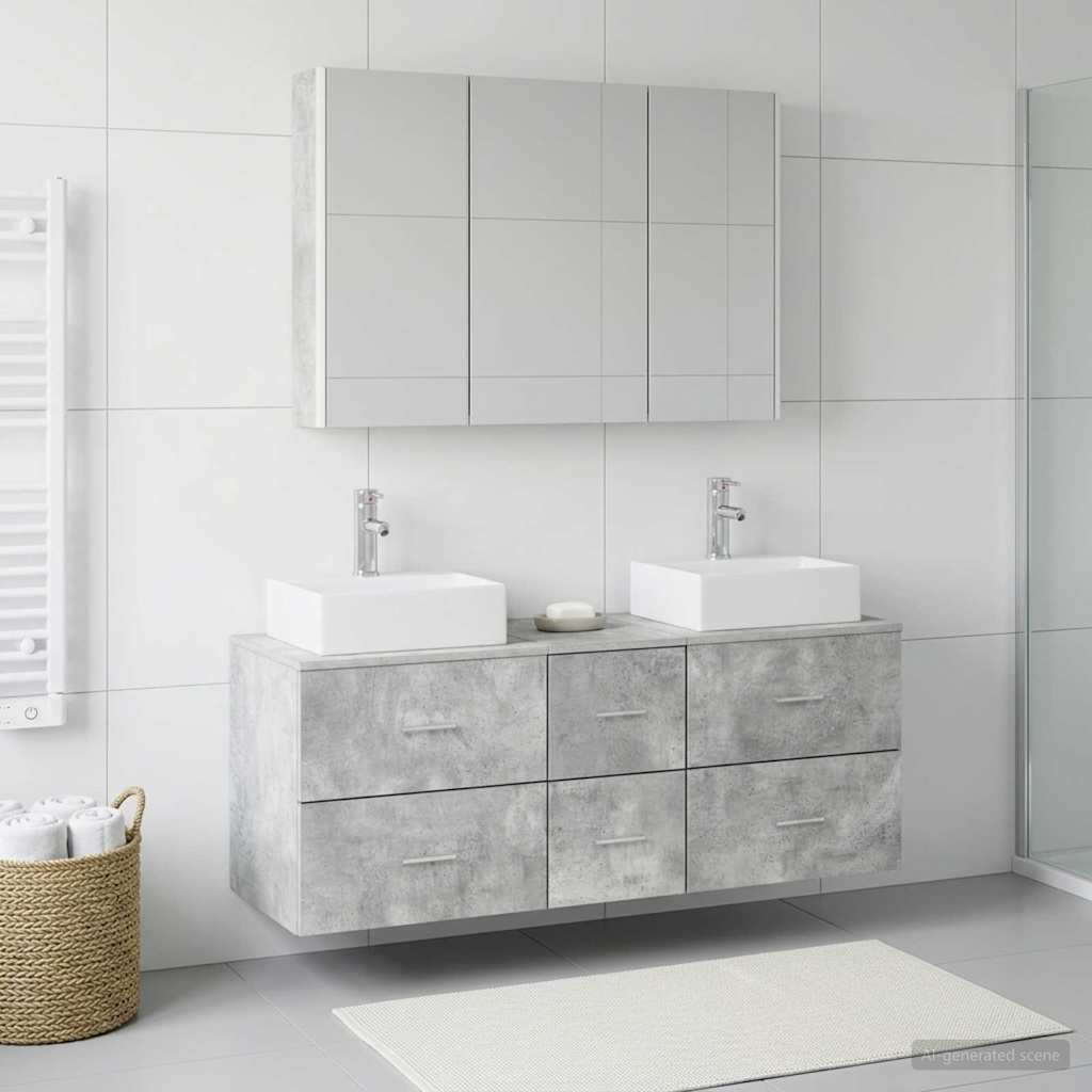 Bathroom Furniture Set 4 Pcs Concrete Grey Engineered Wood and Glass