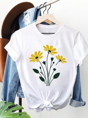 (Asian Size) Clothing T Shirt Women Plant Flower Trend Fashion Tee Top Woman Print Female Short Sleeve Graphic T-shirts