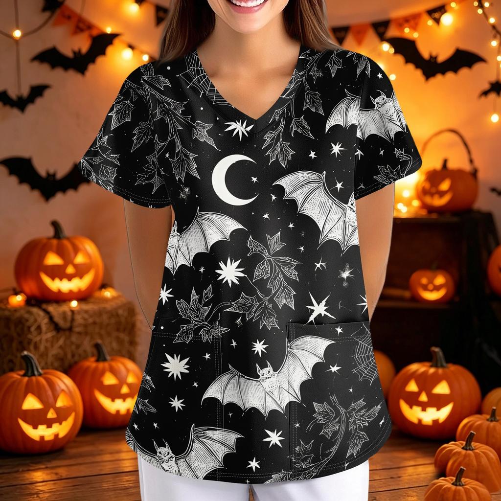 Halloween Print Loose Fit V Neck Short Sleeve Medical Scrub Top with Pockets for Women Nurses Caregivers Workwear