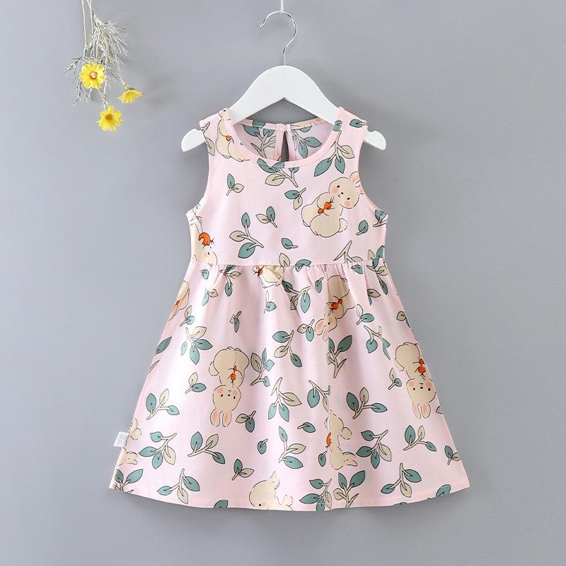 Girls' Floral Summer Princess Beach Dress, Cotton Silk Tank, A-line Skirt