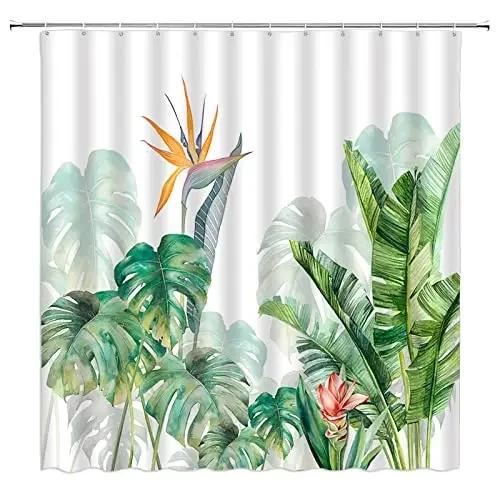Tropical Plant Shower Curtain Watercolor Floral Hummingbird Green Leaves Botanical Jungle Sanitary Napkin Curtain Bathroom Decor