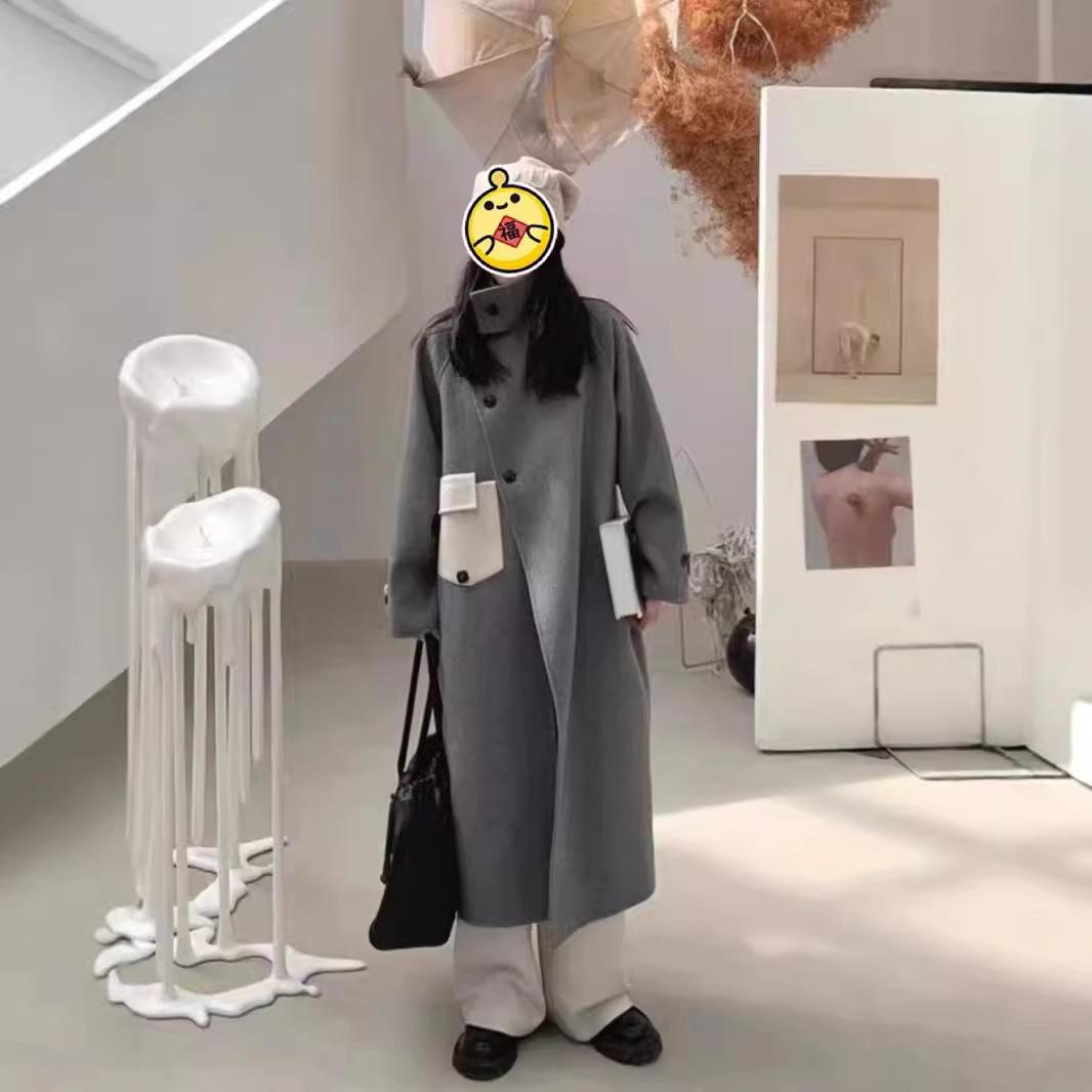 

Двустороннее шерстяное пальто для женщин, длинное свободное шерстяное пальто в корейском стиле в клетку M