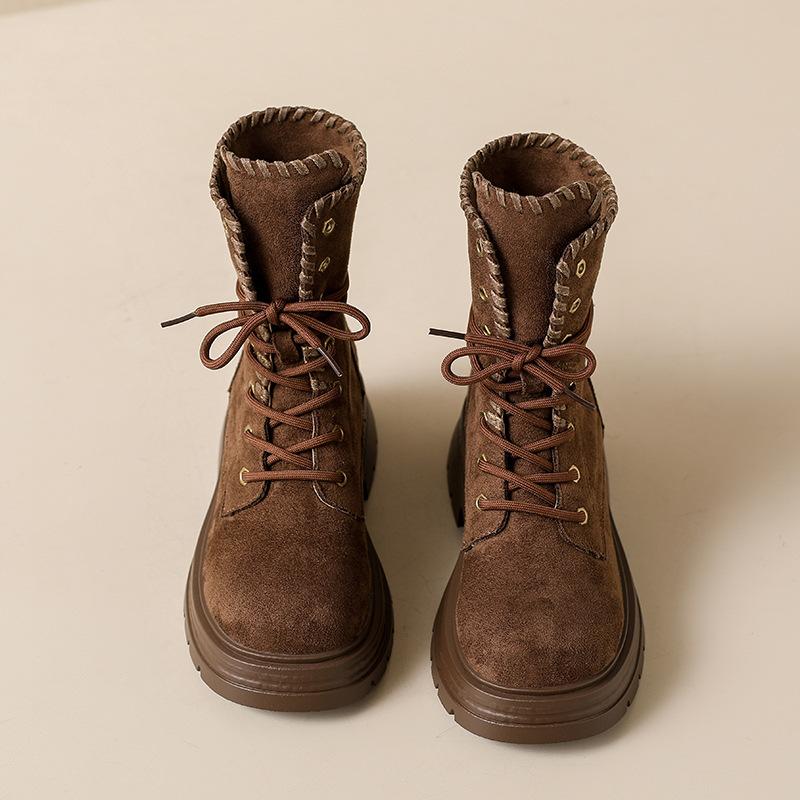 [Fanfuna] Retro Thick-soled Heightening Fashion Boots for Women's Autumn 2025 New Fashion Lace-up Versatile Short Boots