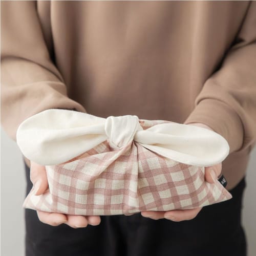 &NE Bento Bag with Ribbon, Linen-Like Check, Pink, 28cm W x 18cm H, Ribbon Length 23cm, Made in Japan, 100% Cotton, No Gusset, Quick Drying, Simple, C
