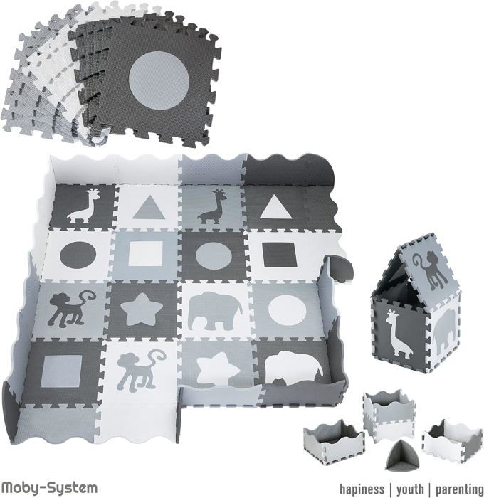 Moby-System Tapis d'Eveil Bébé 150 X150 X1 CM- Tapis De Puzzle En Mousse EVA - Tapis De Jeu Avec Rebords Sans Odeur- Gris