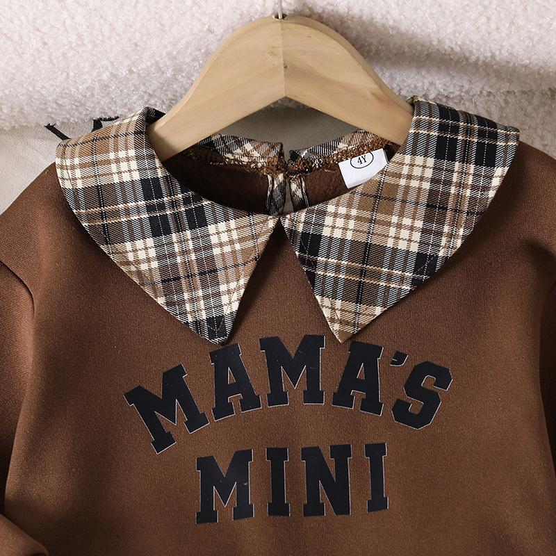 Girls' Fashionable Outfit: Fall Children's Preppy-Style Polo Shirt, Printed Hoodie, and Checkered Skirt Two-Piece Set