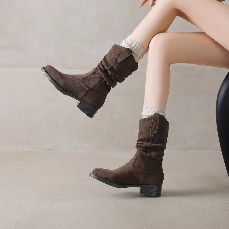 Autumn and winter new thick heel medium tube stacking boots women's fashion versatile and comfortable height-increasing Martin boots women
