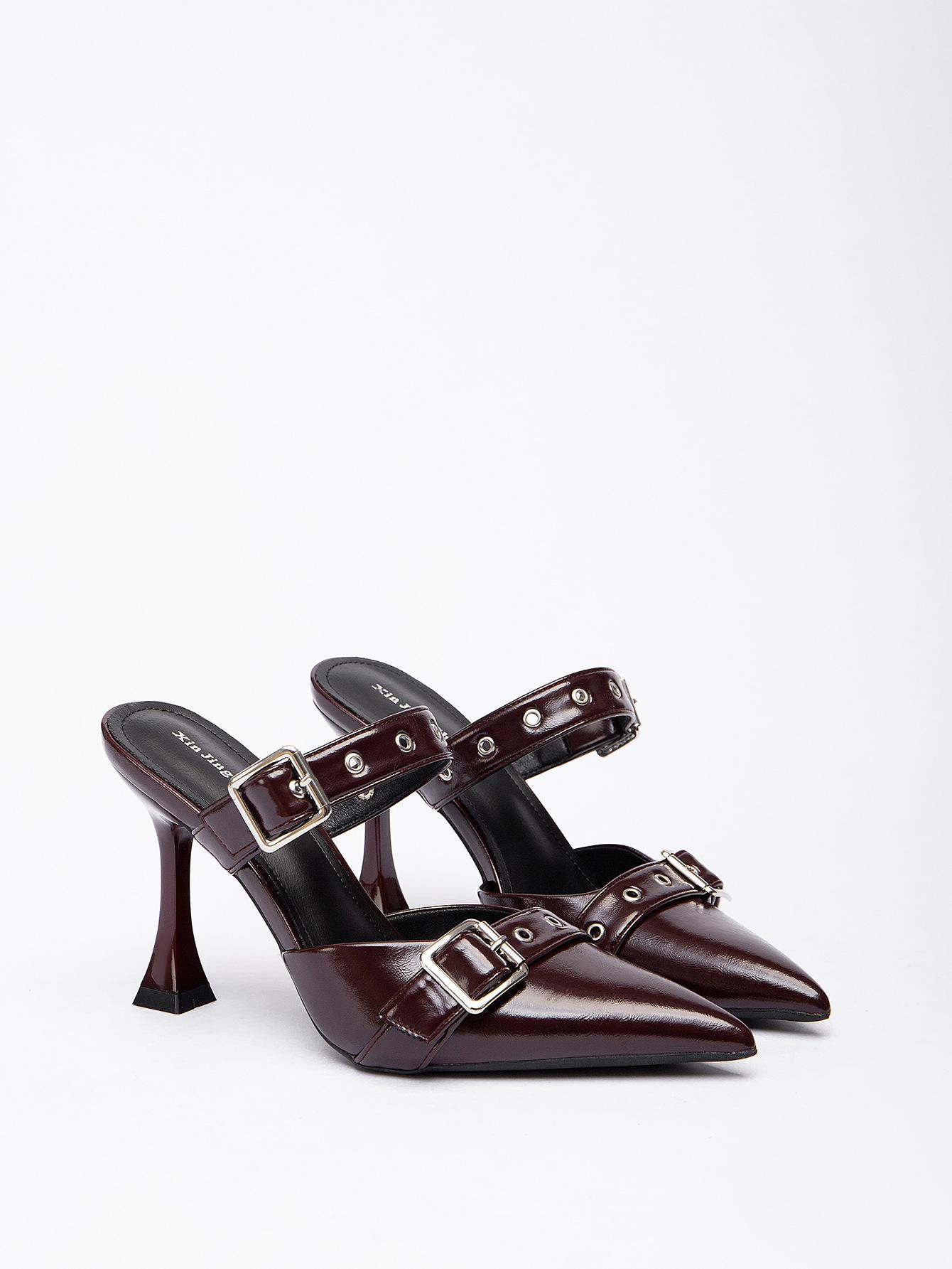 

7199-2 pointed double belt buckle high heels single shoes women s new niche high sense Internet celebrity empty high heels single shoes 40 бордовый