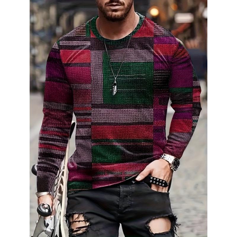 Men's Colorful Irregular Grid Pattern Round Neck Long Sleeved T-shirt