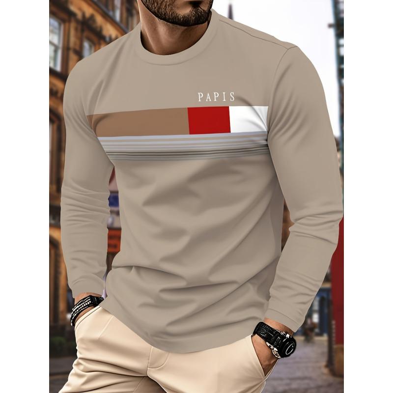 3 Men's Casual Long Sleeved T-shirts - Geometric Pattern, Round Neck Casual Wear, Daily T-shirt