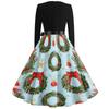 Women's Casual Vintage V-Neck Long Sleeve Dress with Christmas Print