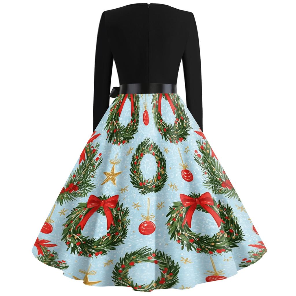 Women's Casual Vintage V-Neck Long Sleeve Dress with Christmas Print