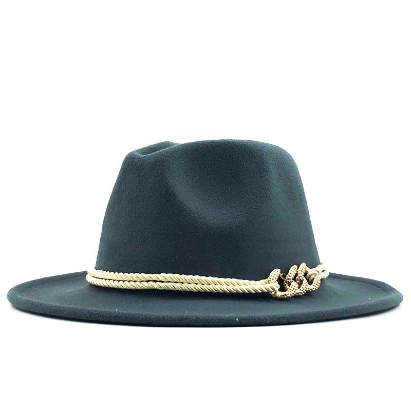 Black Wool Felt Jazz Fedora Hats Belt Buckle Decor Women Unisex Wide Brim Panama Trilby Cowboy Cap Sunhat