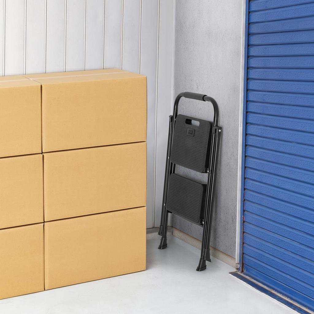 Sanwa Supply STL-1 2-Step Folding Stepladder, 150kg Weight Capacity, Steel Frame, Black