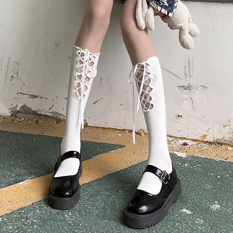 

Japanese Black Sexy Cross Strap Hollowed Calf Socks Women S Spring Summer Jk Babes Medium Tube Lolita Socks One size fits all белый