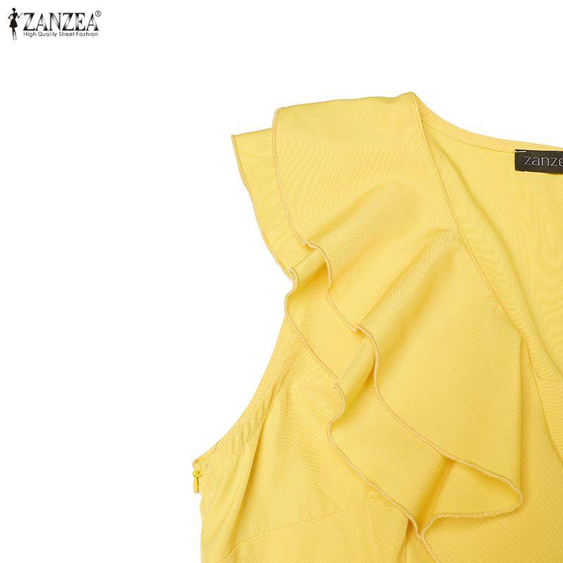 ZANZEA Women Casual V-Neck Sleeveless Ruffles Long Dress Holiday