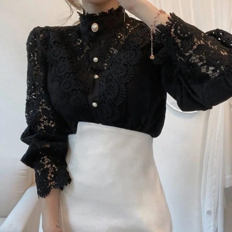 WTEMPO Women Hite Lace Patchwork Hollow Out Shirt Long Sleeve O-Neck Mesh Tops Spring Elegant Solid Button Blouses