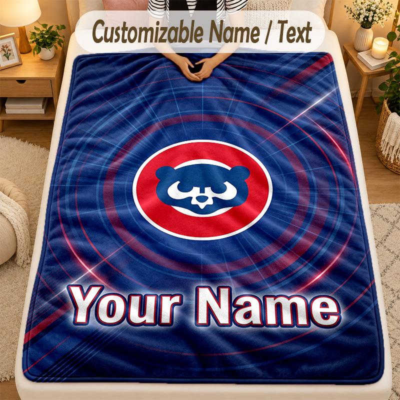 Koc FlanelowyChicago Cubs Personalizowany Tekst z Imieniem Miękki Ciepły Koc Rzutowy Wystrój Domu Prezent