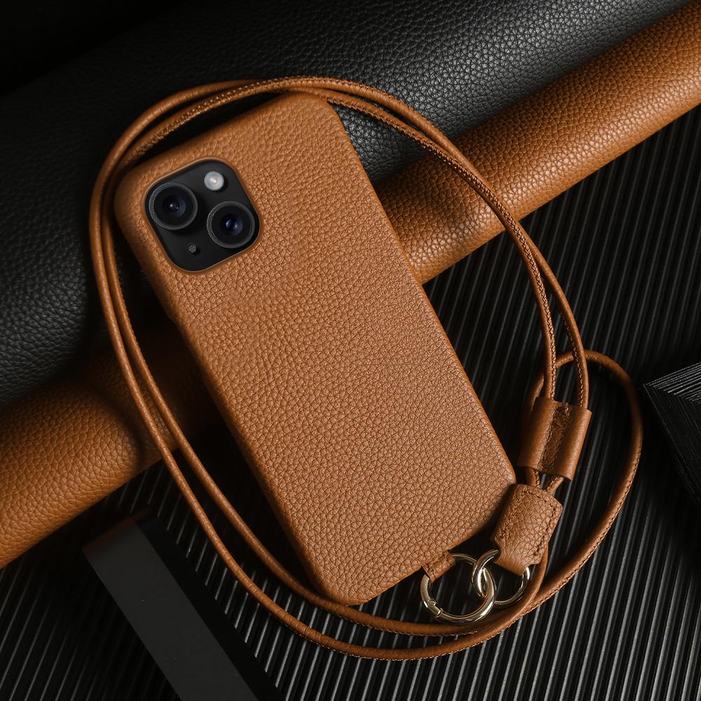 

For iPhone 13 Case with Lanyard Genuine Cow Leather PC Phone Back Cover Brown