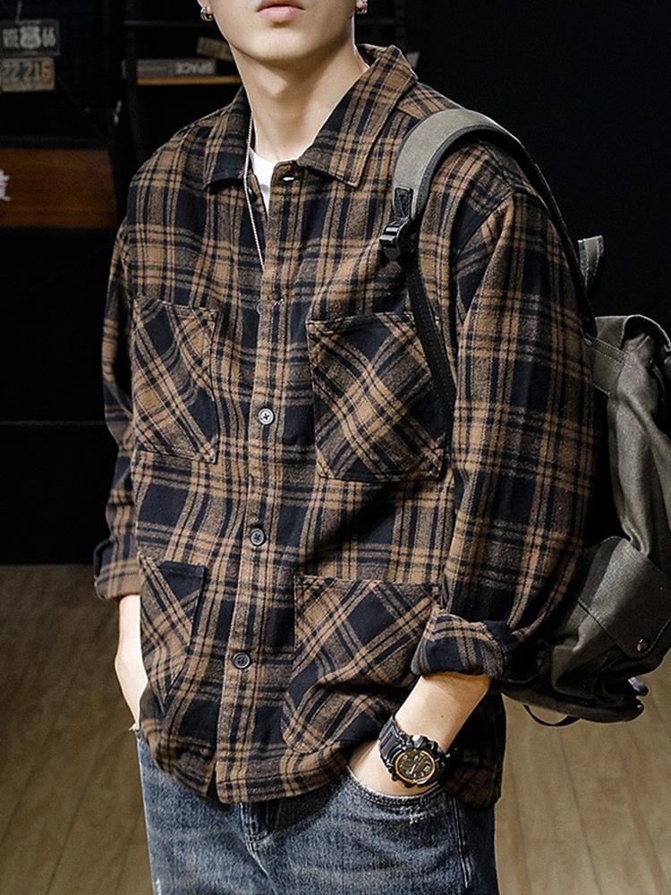 Polished Plaid Lapel Shirt Jacket Men'S Spring Loose Large Size Men'S Ruffian Handsome Shirt Jacket Top Tide